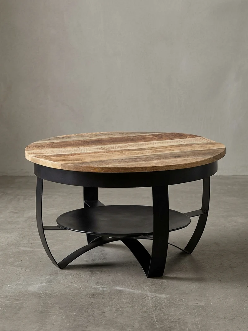 Couchtisch in Braun/Schwarz, Industrieller Stil, aus Recyceltem Mango-Massivholz