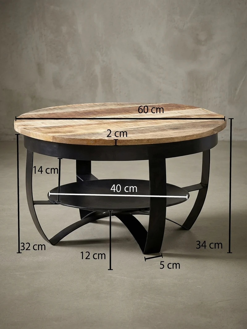 Couchtisch in Braun/Schwarz, Industrieller Stil, aus Recyceltem Mango-Massivholz