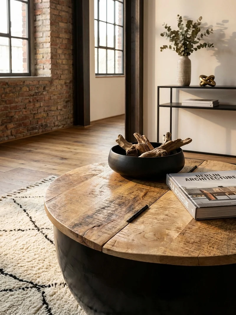 Couchtisch Industrial-Style Mango-Holz mit Metall, Aufklappbarer Stauraum