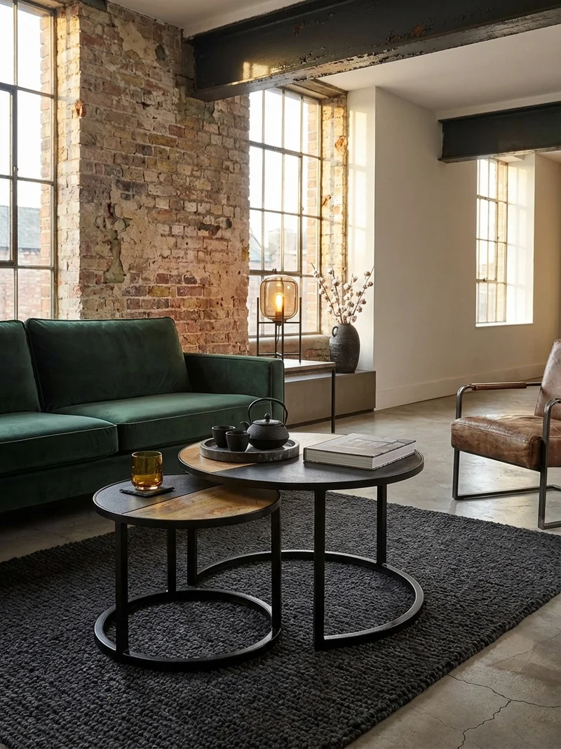 Couchtisch Set – Rund Mango Massivholz Steinoptik 2-teilig modern