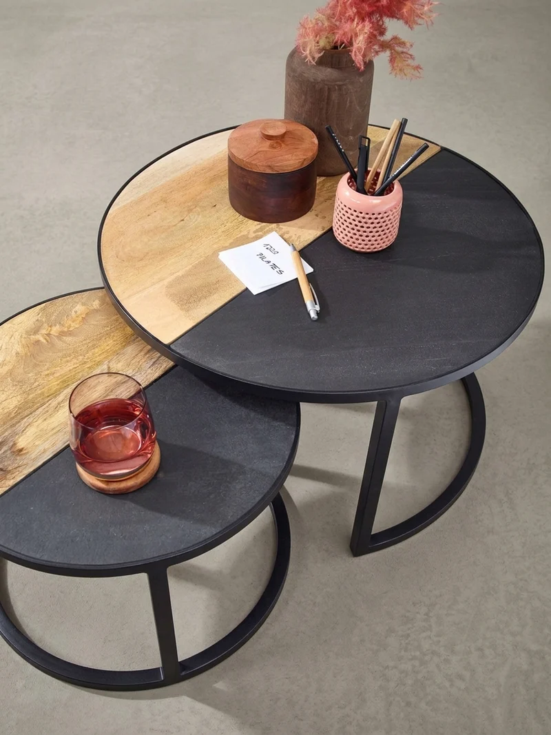 Couchtisch Set – Rund Mango Massivholz Steinoptik 2-teilig modern