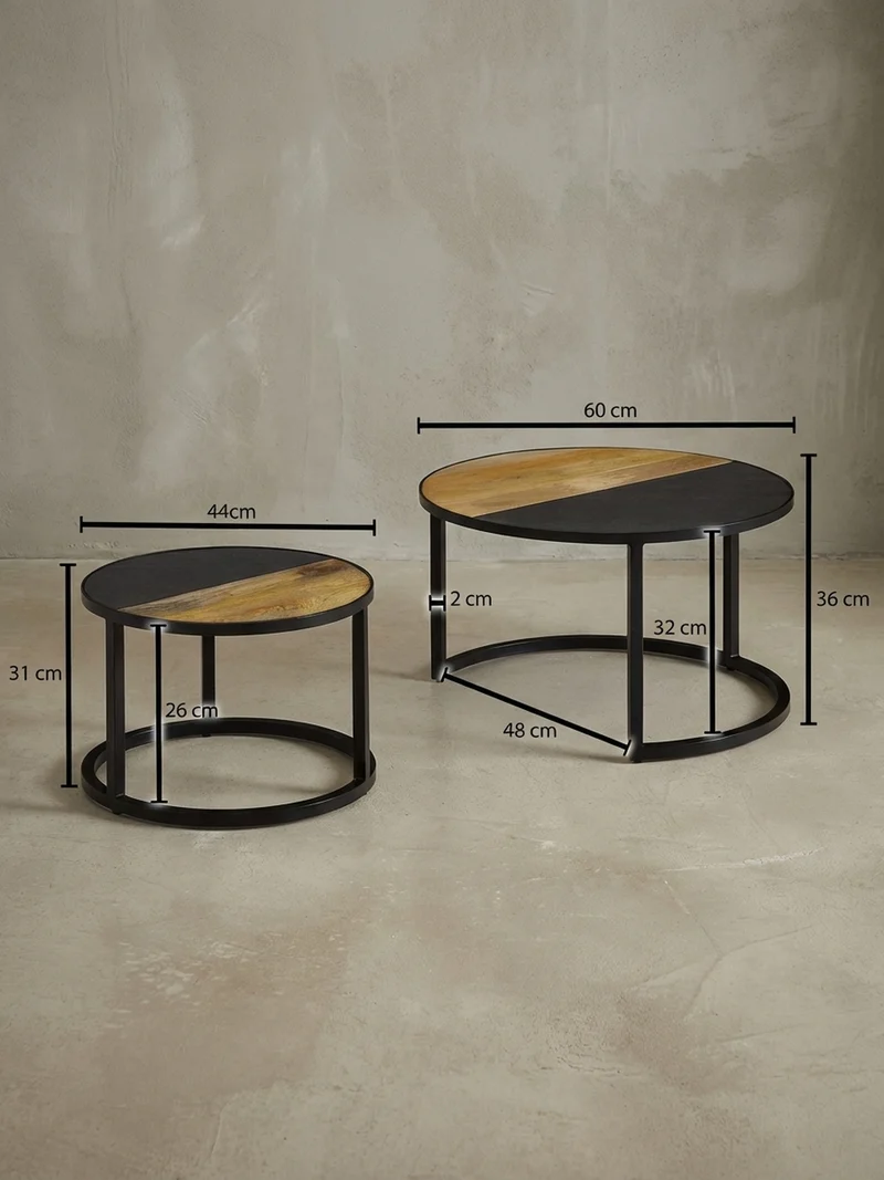 Couchtisch Set – Rund Mango Massivholz Steinoptik 2-teilig modern