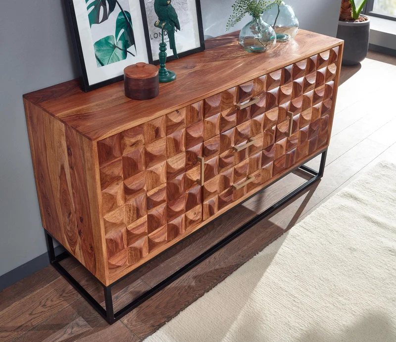 Sideboard – Massivholz, 145x81x45 cm, Industrial-Stil, Metallgestell