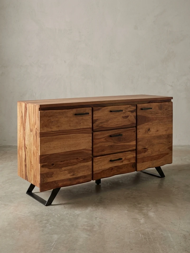 Sideboard – Massivholz, 145x82x45 cm, mit Baumkante, Metallgestell