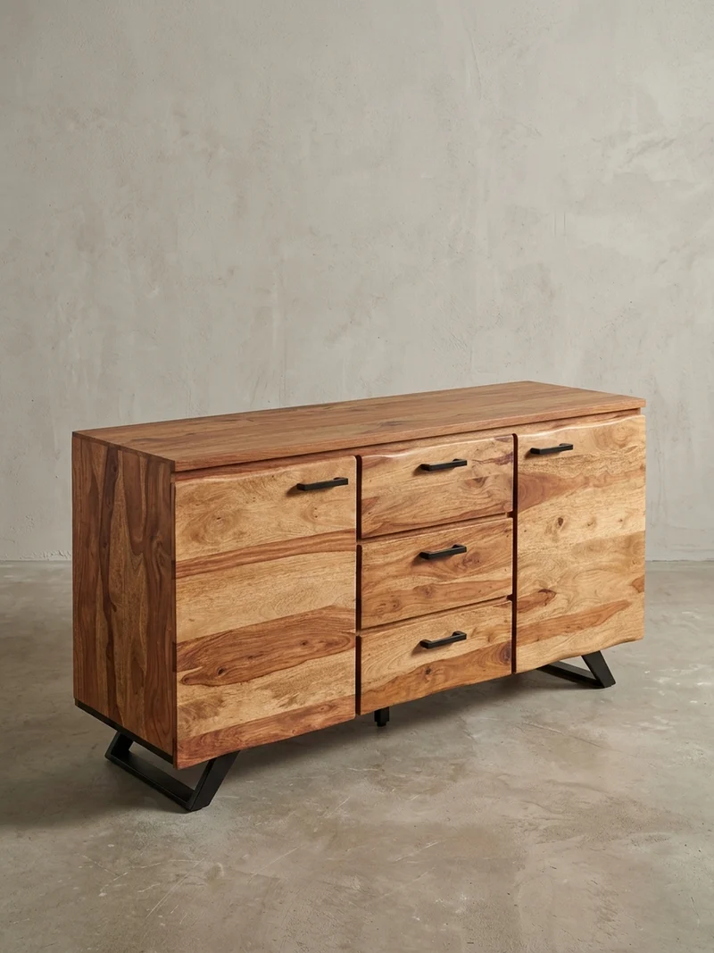 Sideboard – Massivholz, 145x82x45 cm, mit Baumkante, Metallgestell