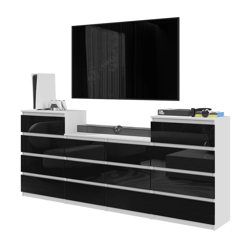 GABRIEL - Kommode / Sideboard mit 14 Schubladen (4+6+4) - Weiß Matt / Schwarz Gloss H92/70cm B220cm T33cm