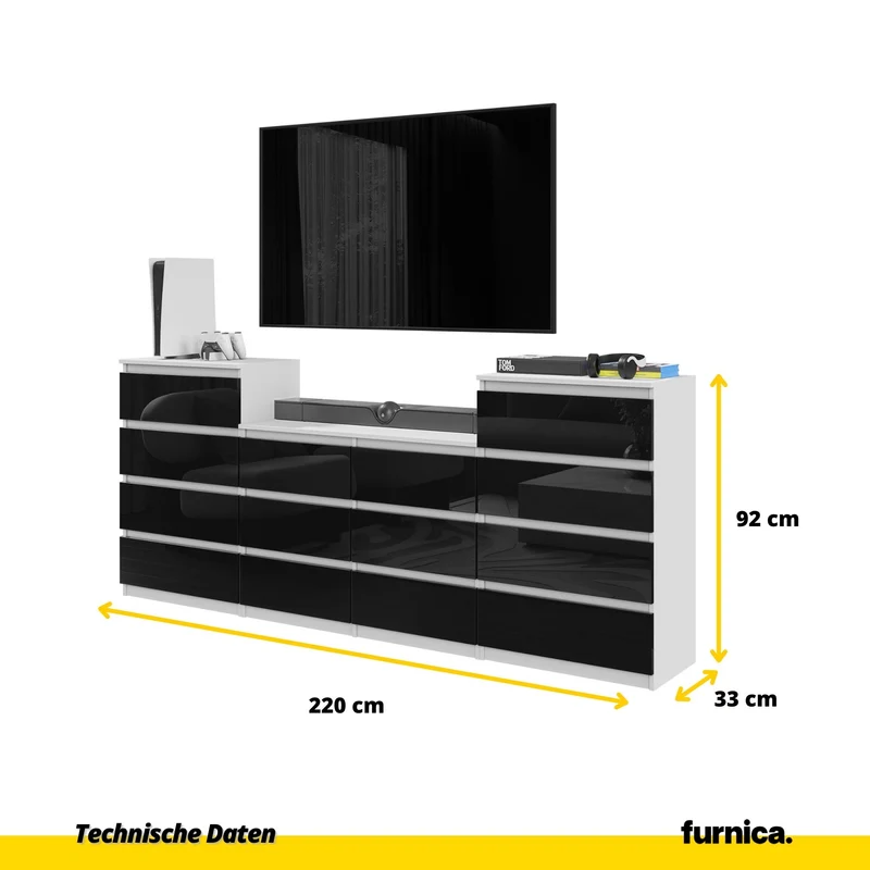 GABRIEL - Kommode / Sideboard mit 14 Schubladen (4+6+4) - Weiß Matt / Schwarz Gloss H92/70cm B220cm T33cm