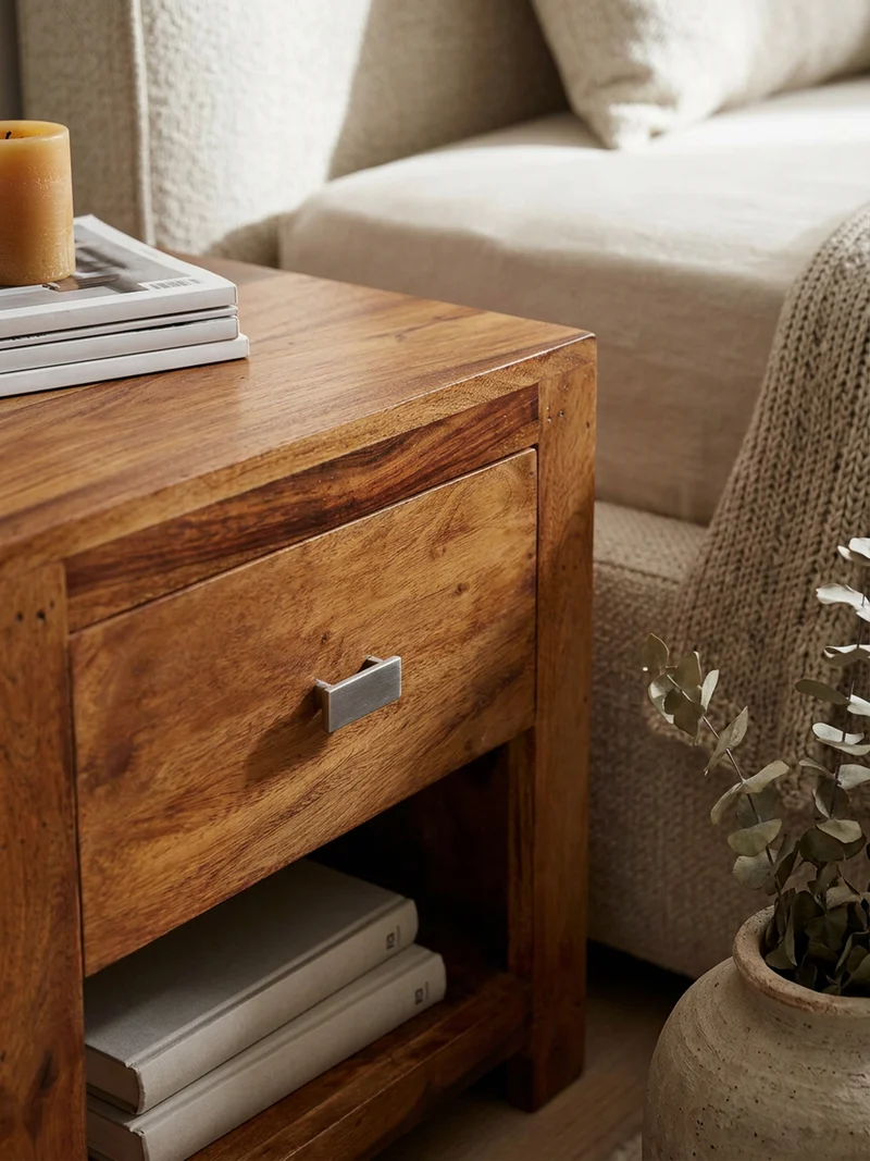 Nachttisch – Massivholz, Landhausstil, Ablage & Schublade, Griff verchromt