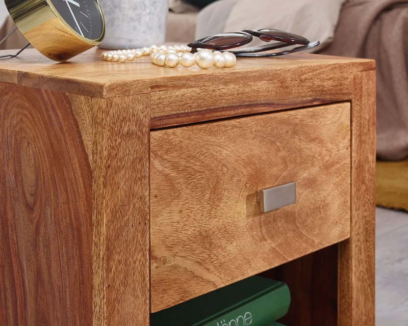 Nachttisch – Massivholz, Landhausstil, Ablage & Schublade, Griff verchromt