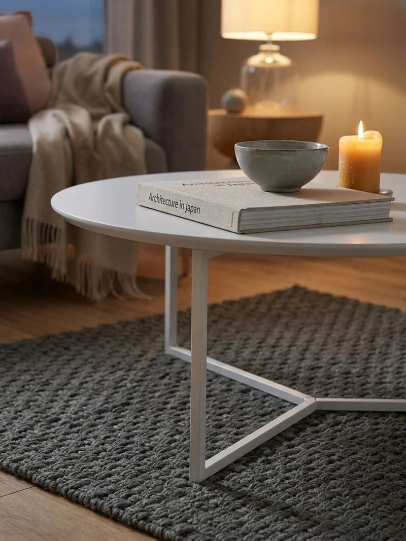 Couchtisch rund, Weißes MDF-Holz mit Metallbeinen, Durchmesser 80 cm, Höhe 33 cm