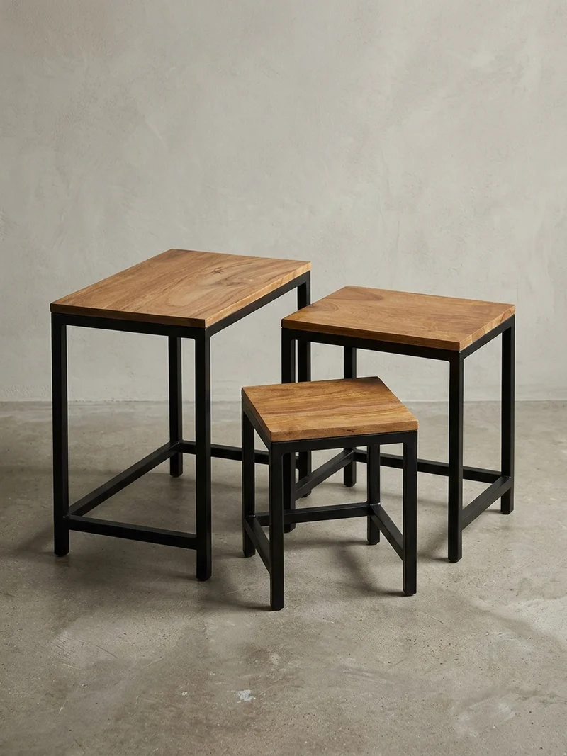 Beistelltisch Set – 3-teilig Massivholz Metallbeine handgefertigt