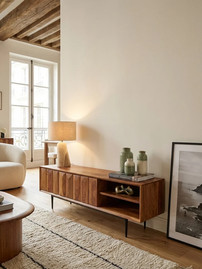 Lowboard Massivholz Modern Stil für 55-Zoll Fernseher Push-to-Open mit Edelstahlbeinen