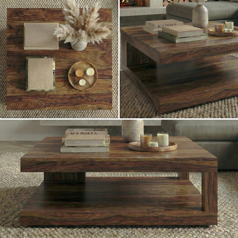 Couchtisch Sheesham Massivholz, Quadratisch, Maße 90x90 cm, Einzigartiges Unikat