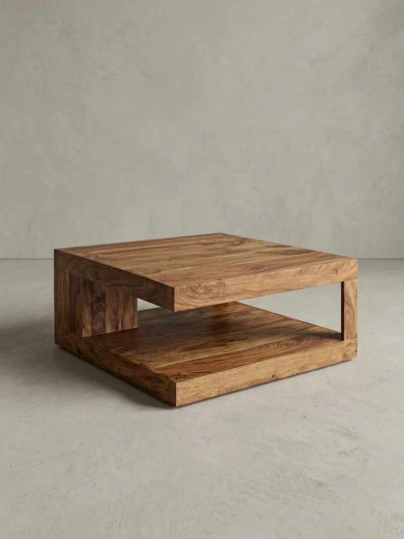 Couchtisch Sheesham Massivholz, Quadratisch, Maße 90x90 cm, Einzigartiges Unikat