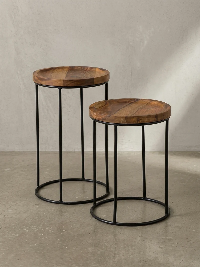 Beistelltisch Set – Massivholz Metall Braun Schwarz 2-teilig Industrial