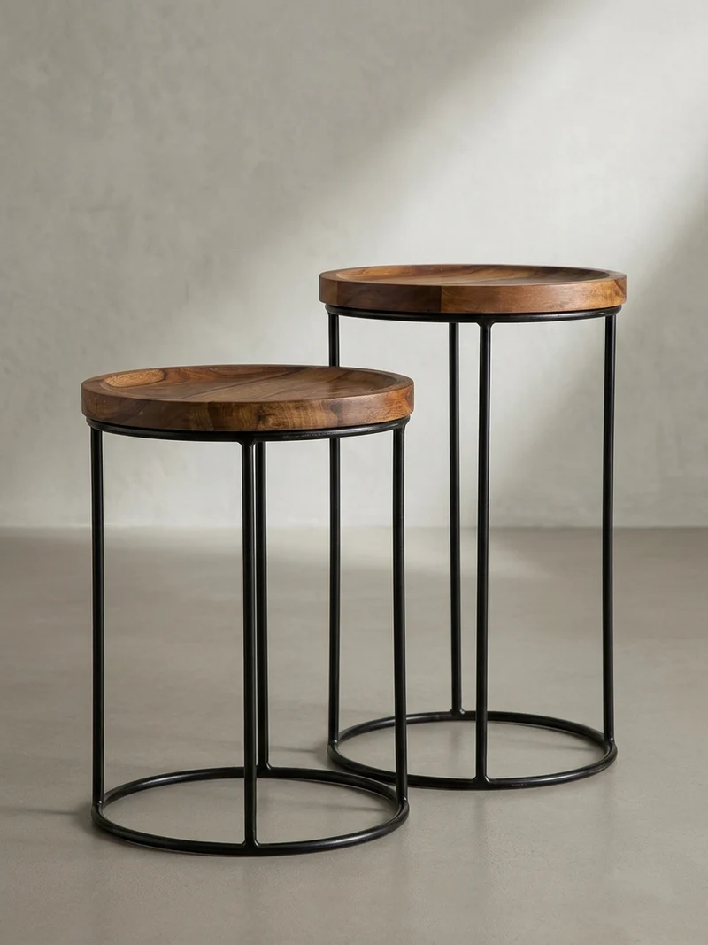 Beistelltisch Set – Massivholz Metall Braun Schwarz 2-teilig Industrial