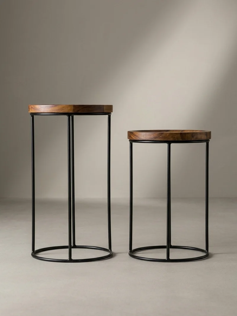 Beistelltisch Set – Massivholz Metall Braun Schwarz 2-teilig Industrial