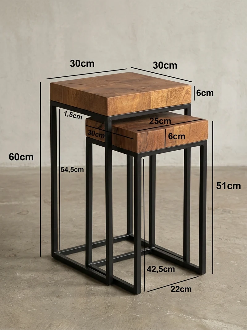 Beistelltisch Set – 2-teilig Massivholz Metall handgefertigt Industrial