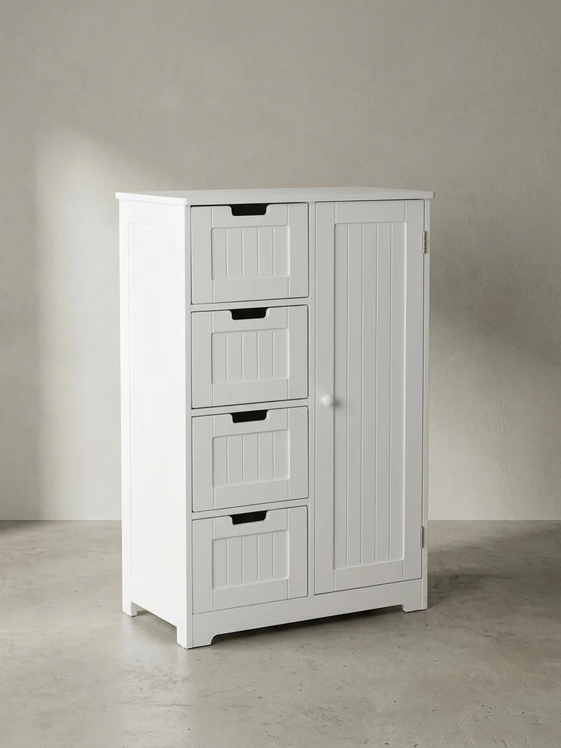 Badschrank Weiß 30x83x30 cm im Landhausstil aus MDF mit 4 Schubladen