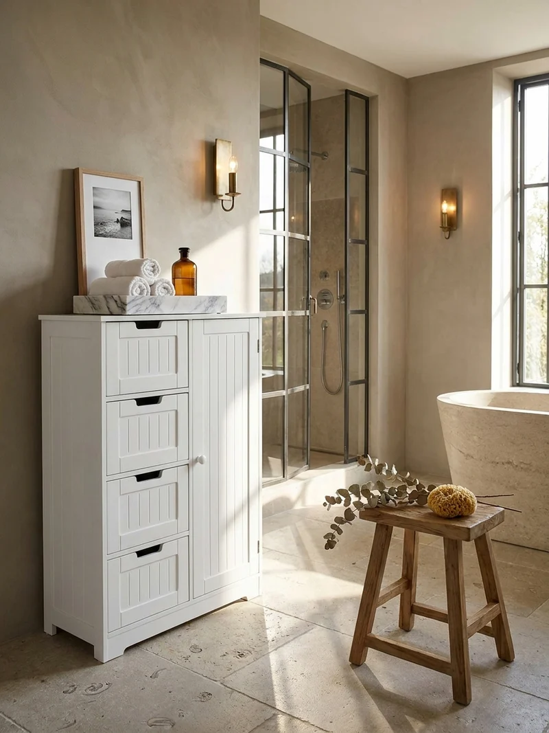 Badschrank Weiß 30x83x30 cm im Landhausstil aus MDF mit 4 Schubladen