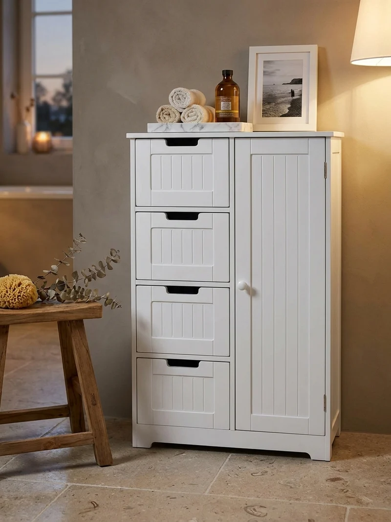 Badschrank Weiß 30x83x30 cm im Landhausstil aus MDF mit 4 Schubladen