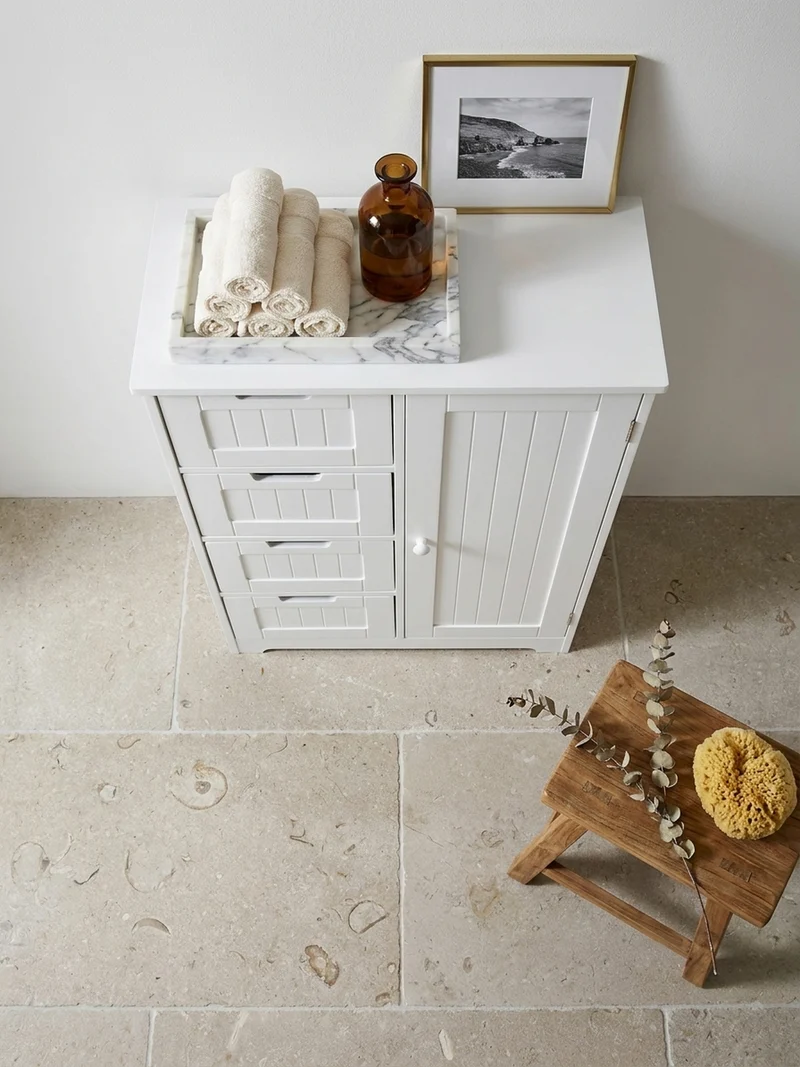Badschrank Weiß 30x83x30 cm im Landhausstil aus MDF mit 4 Schubladen