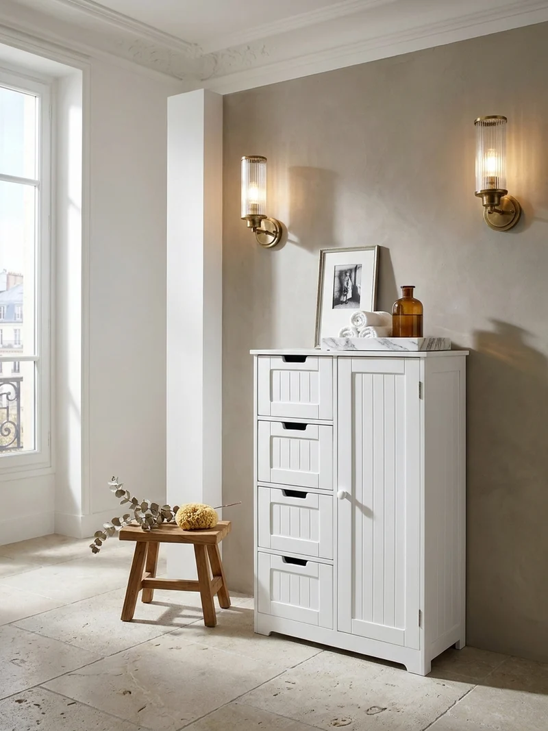 Badschrank Weiß 30x83x30 cm im Landhausstil aus MDF mit 4 Schubladen