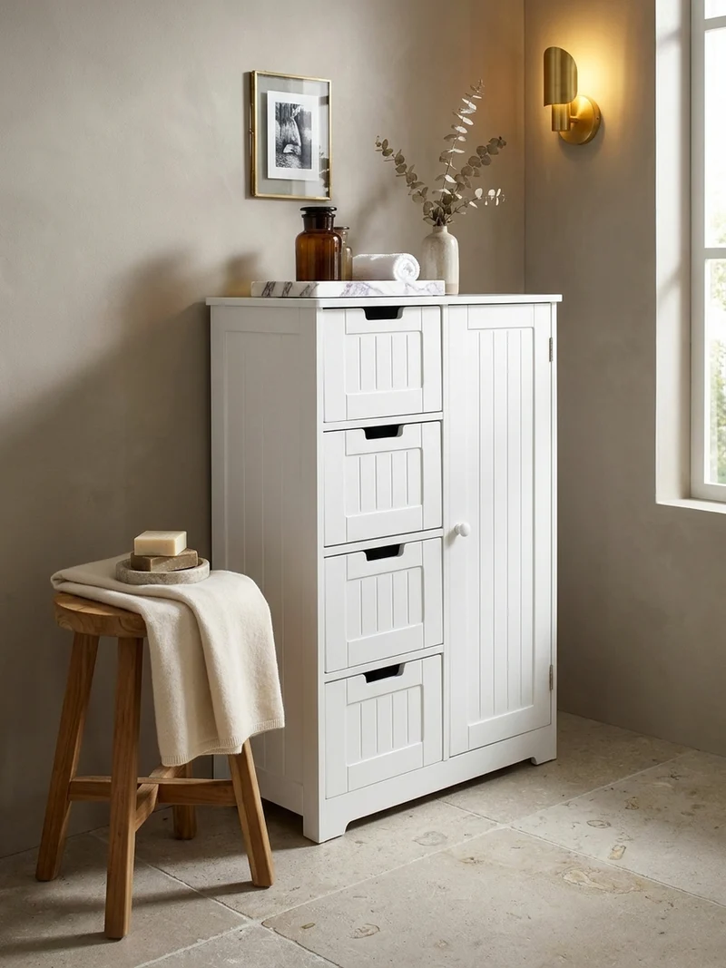 Badschrank Weiß 30x83x30 cm im Landhausstil aus MDF mit 4 Schubladen