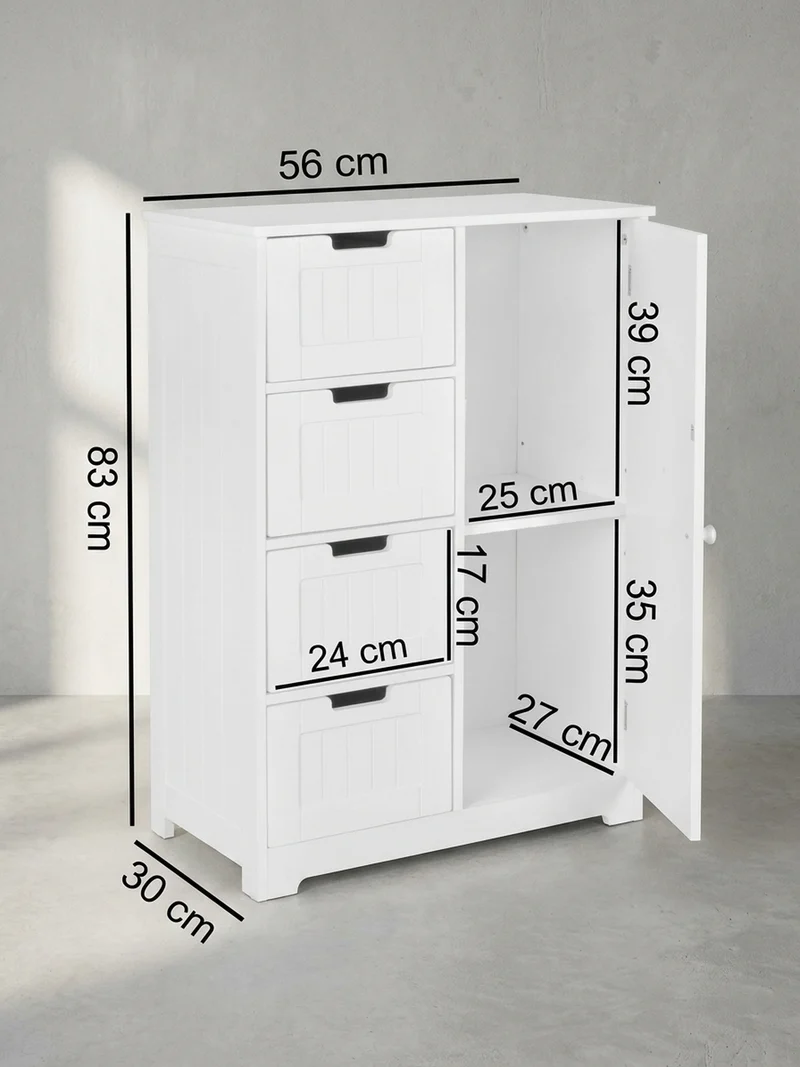 Badschrank Weiß 30x83x30 cm im Landhausstil aus MDF mit 4 Schubladen