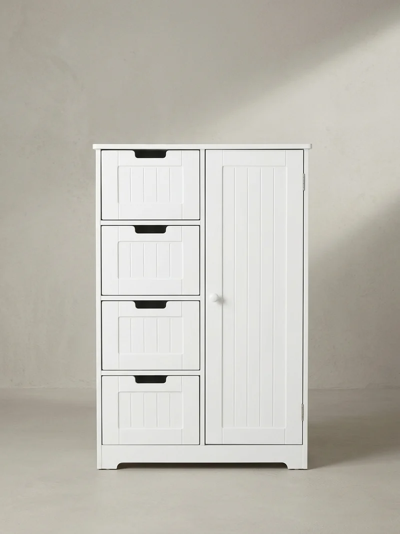 Badschrank Weiß 30x83x30 cm im Landhausstil aus MDF mit 4 Schubladen