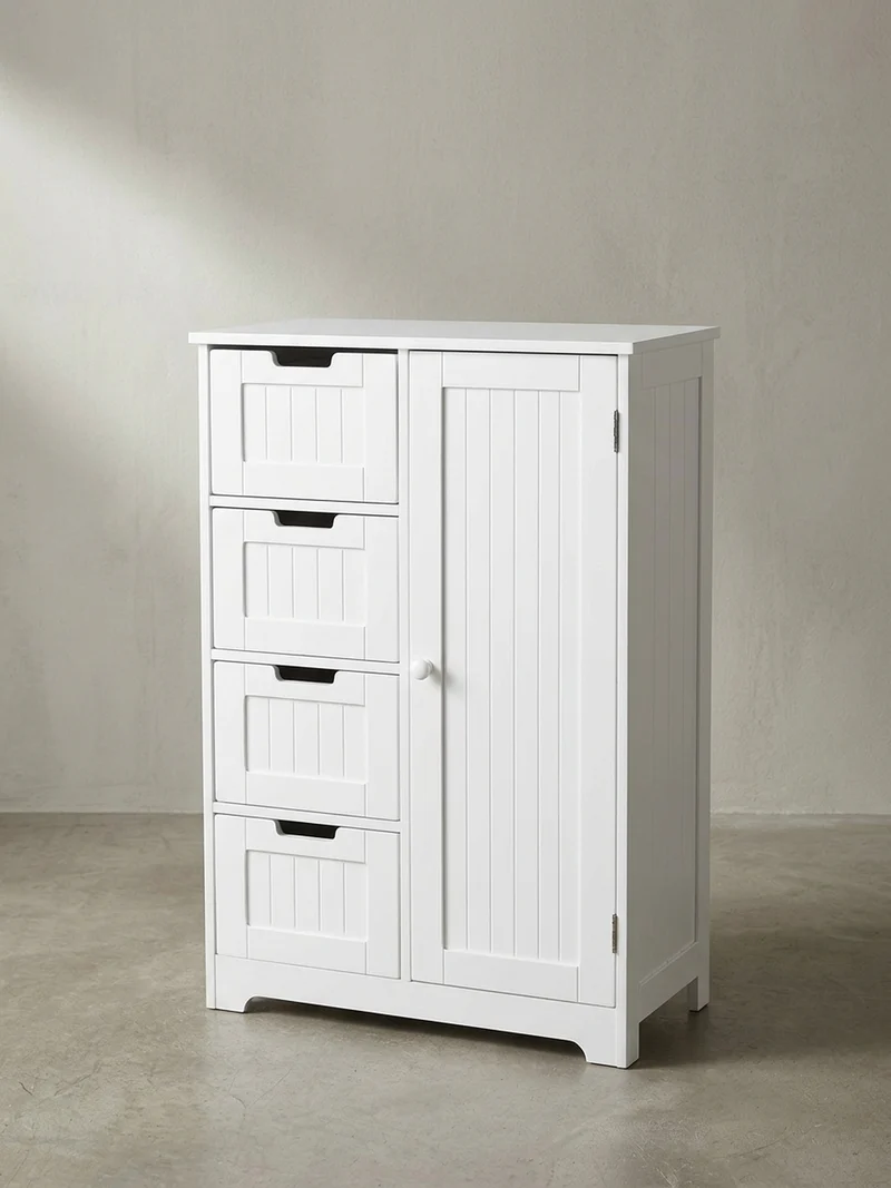 Badschrank Weiß 30x83x30 cm im Landhausstil aus MDF mit 4 Schubladen