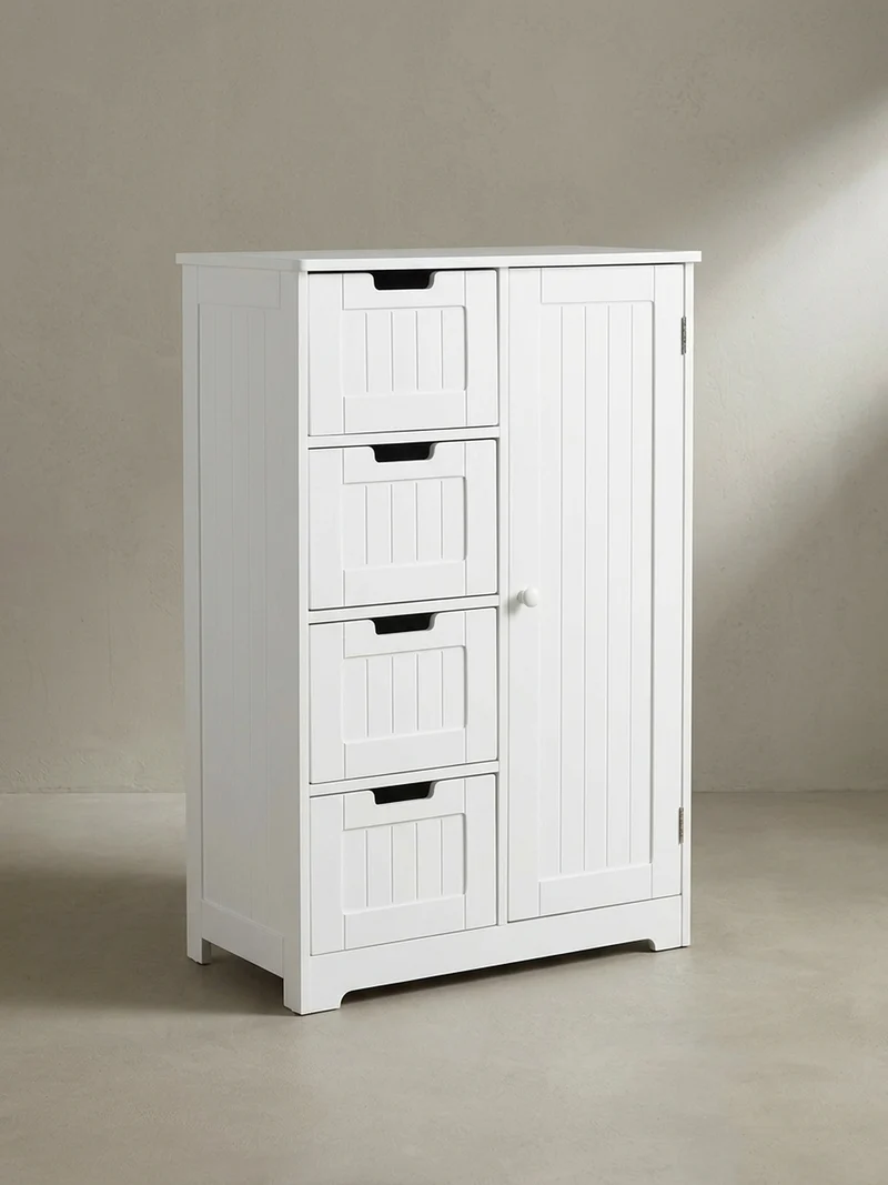 Badschrank Weiß 30x83x30 cm im Landhausstil aus MDF mit 4 Schubladen