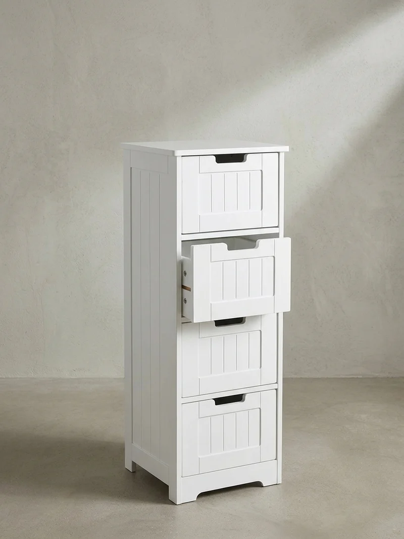 Badkommode Weiß 30x83x30 cm im Landhausstil mit 4 Schubladen und Ablagefläche