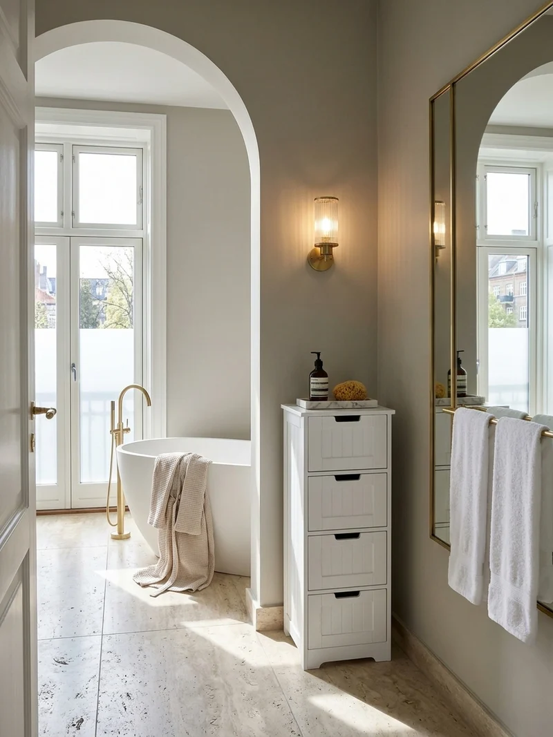 Badkommode Weiß 30x83x30 cm im Landhausstil mit 4 Schubladen und Ablagefläche