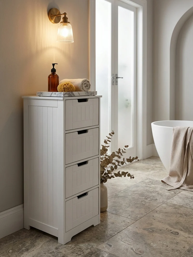 Badkommode Weiß 30x83x30 cm im Landhausstil mit 4 Schubladen und Ablagefläche