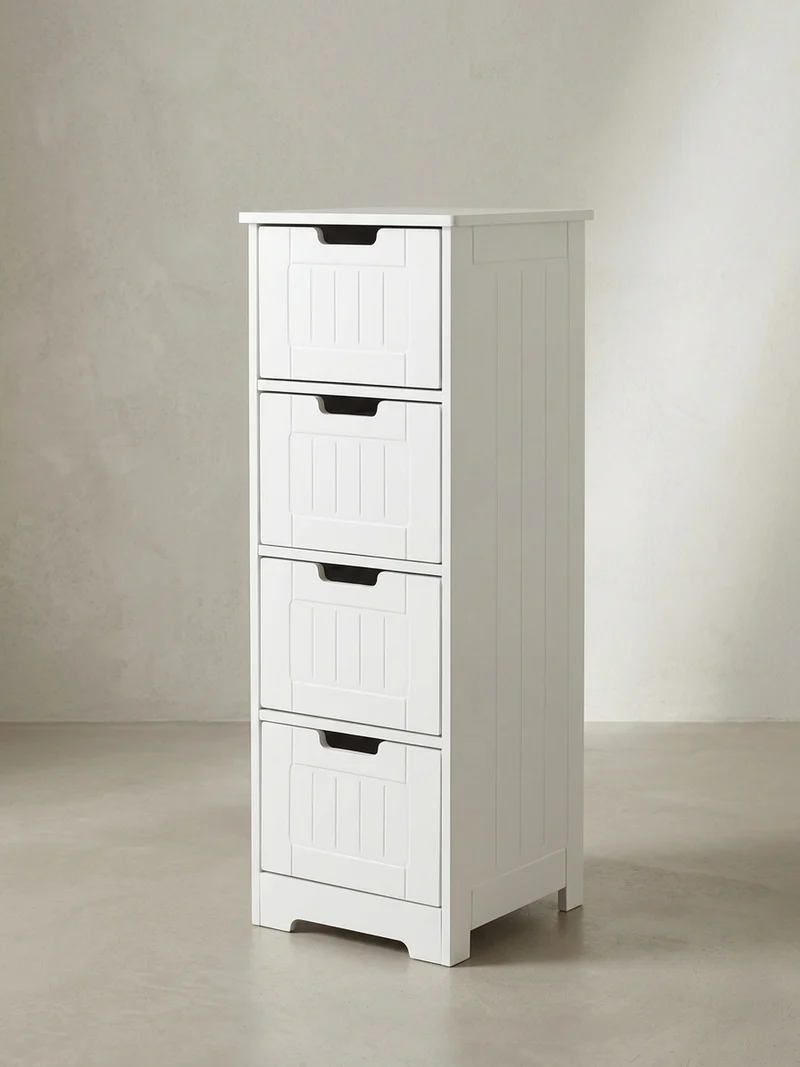 Badkommode Weiß 30x83x30 cm im Landhausstil mit 4 Schubladen und Ablagefläche