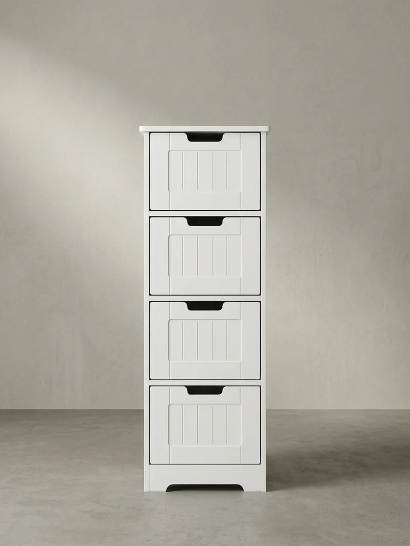 Badkommode Weiß 30x83x30 cm im Landhausstil mit 4 Schubladen und Ablagefläche