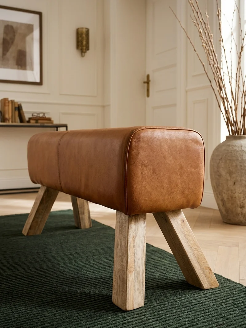 Sitzhocker – Leder/Mango-Holz, 90x30x43 cm, Braun