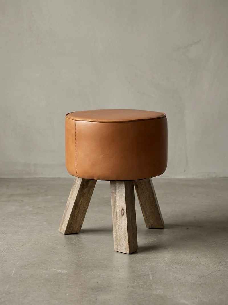 Sitzhocker – Ziegenleder/Holz, 45 cm, Country-Stil