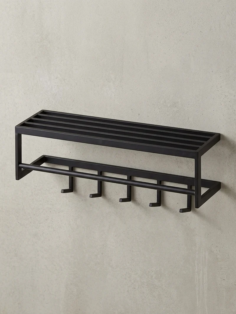 Wandgarderobe Metall Schwarz Modern mit 5 Haken und Kleiderstange