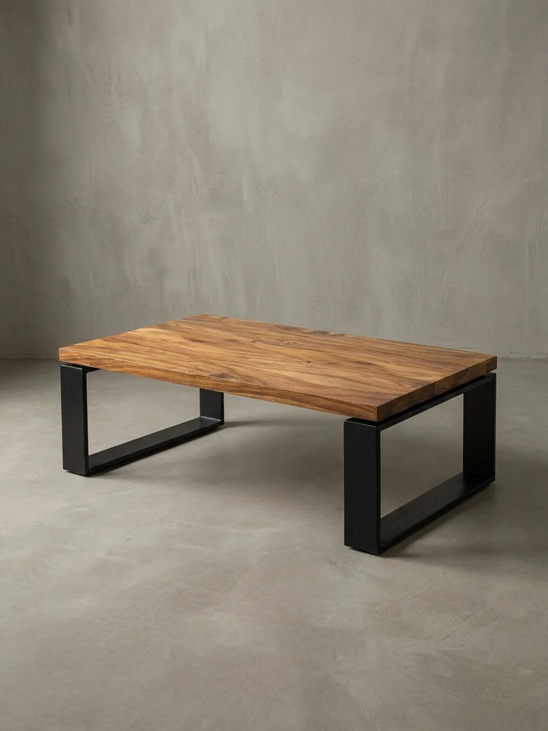 Couchtisch aus Holz und Metall, Industriedesign, Einzigartige Maserung, 115x60x35 cm