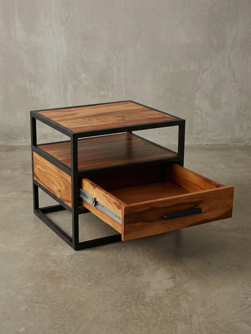 Nachttisch – Massivholz/Stahl, mit Stauraum, Industrial-Stil