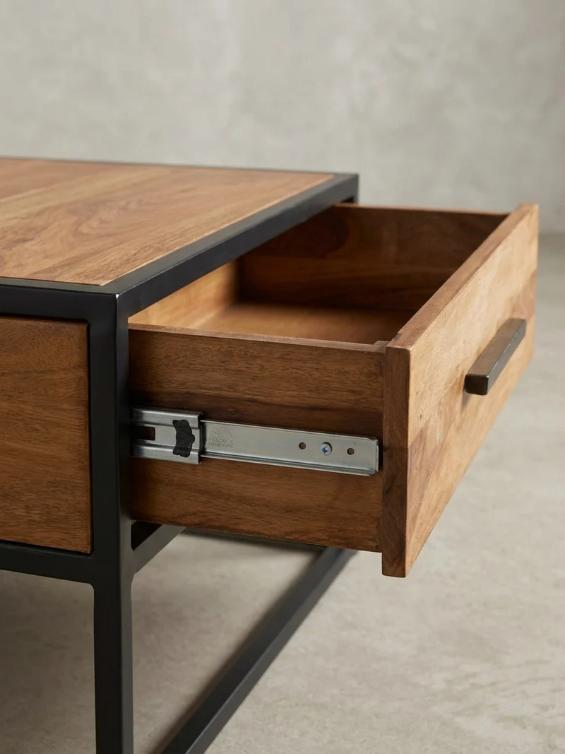 Couchtisch Industriestil, Metall und Holz, mit Schublade, 50 kg Tragkraft