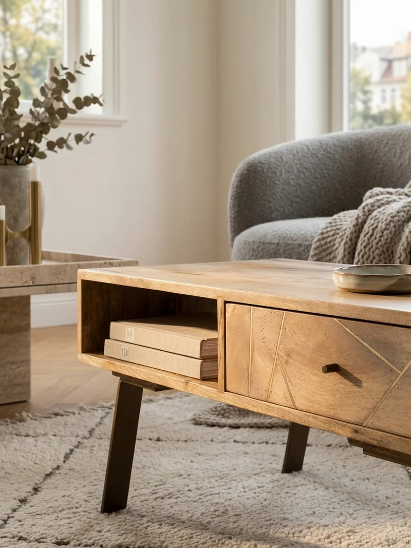 Couchtisch in Rustikalem Landhausstil, Massives Mangoholz und Metall, Maße 95x42x50 cm