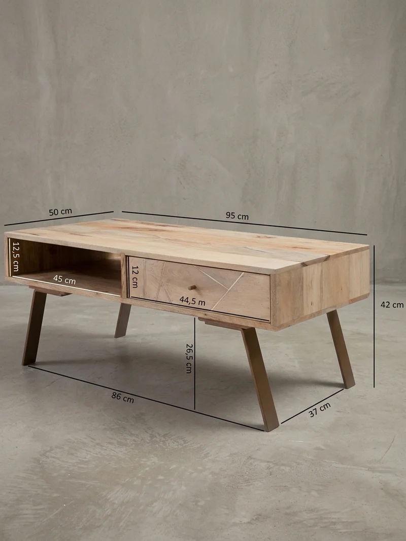 Couchtisch in Rustikalem Landhausstil, Massives Mangoholz und Metall, Maße 95x42x50 cm