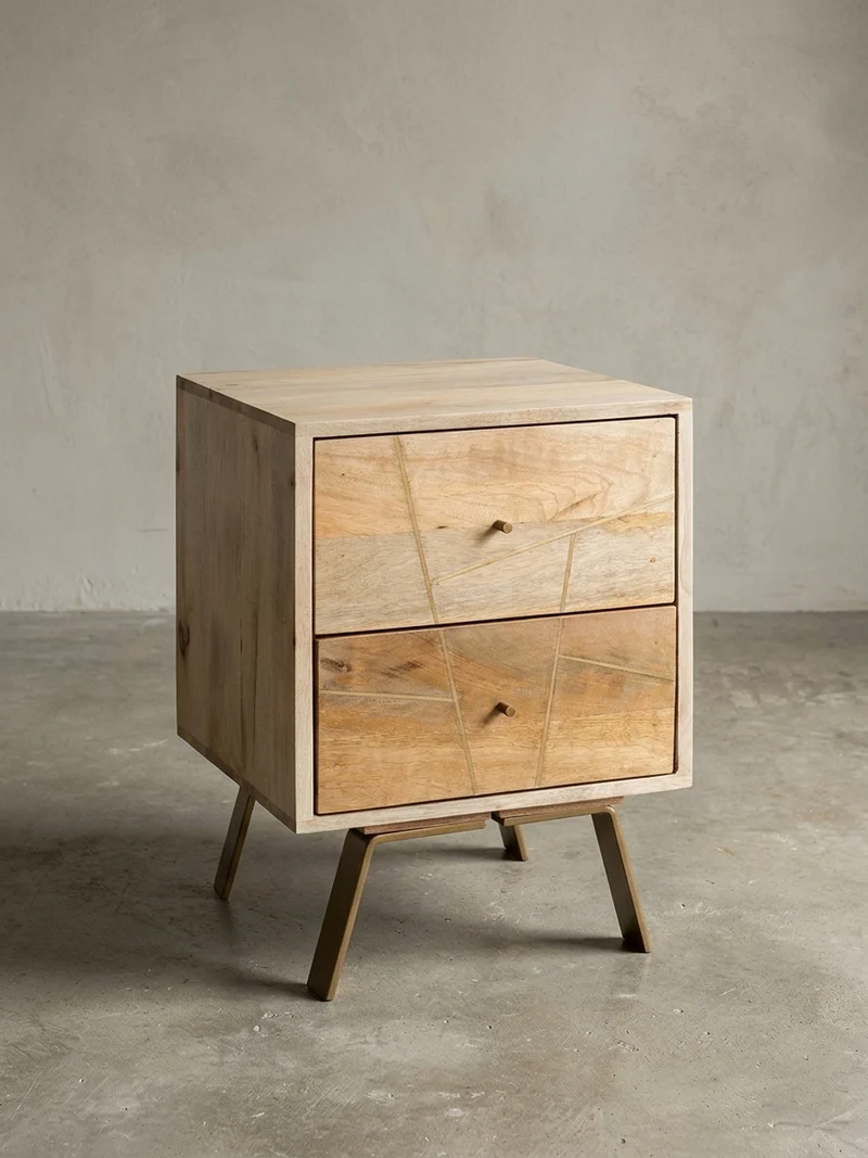 Nachttisch – Mango Massivholz, Metallstreifen, rustikal, Farbverlauf