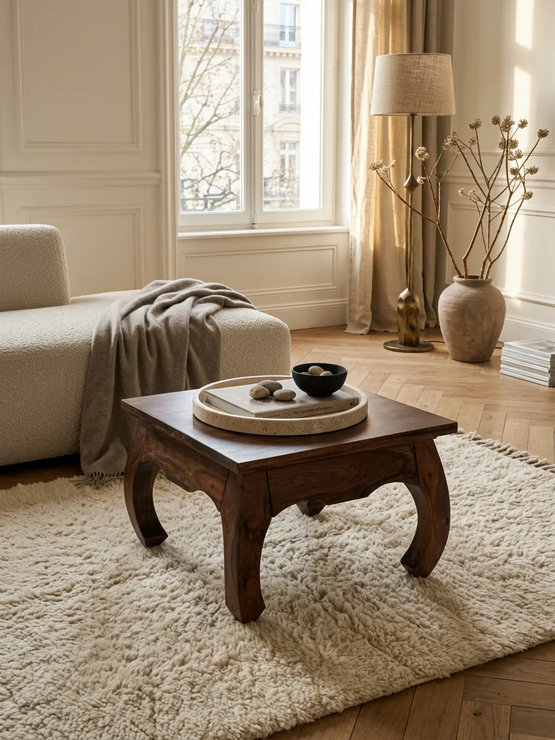Couchtisch Sheesham Holz 60x60 cm, Landhausstil, handgefertigt, Opium-Form, pflegeleicht und robust