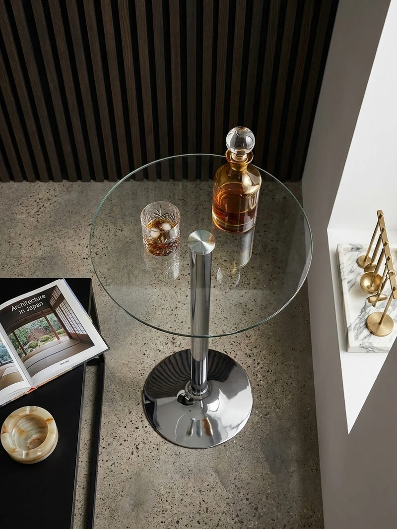 Stehtisch – Ø 60 cm, Sicherheitsglas, Drehfunktion, Trompetenfuß, Chrom
