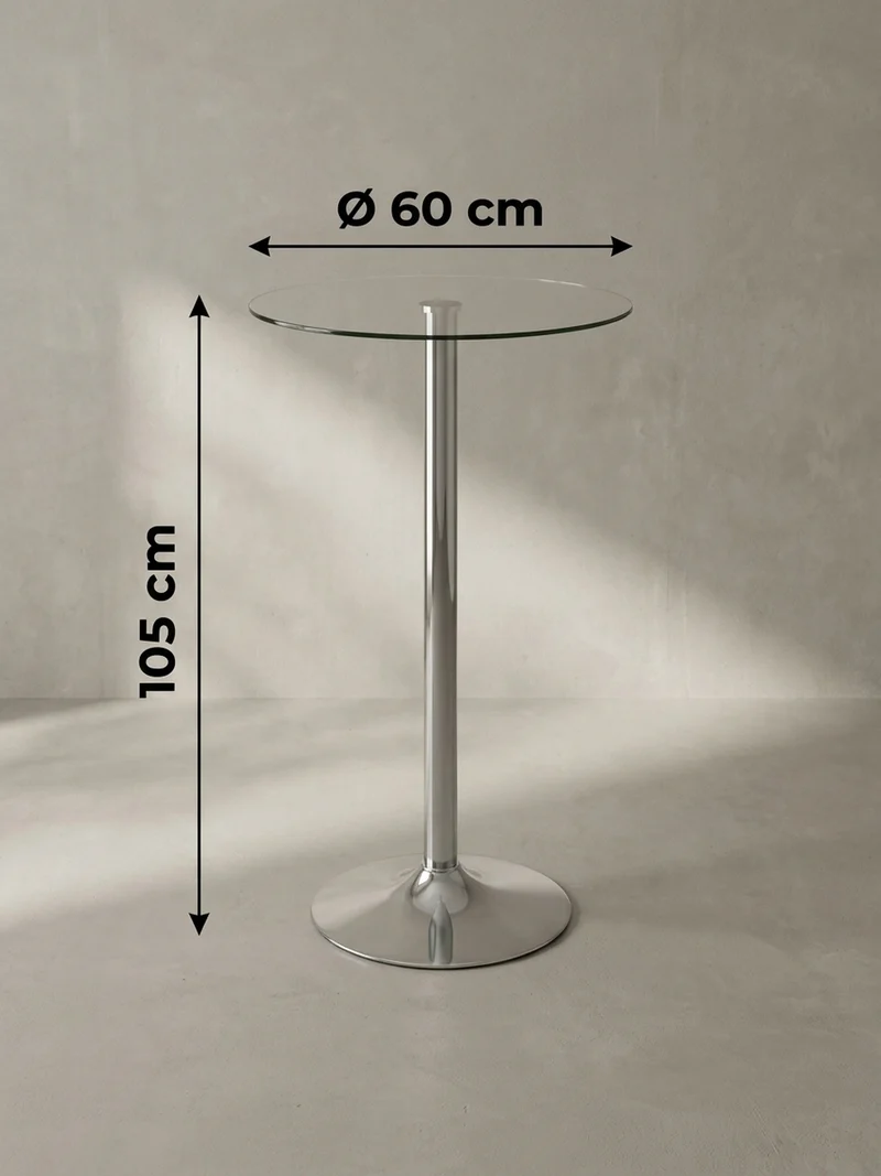 Stehtisch – Ø 60 cm, Sicherheitsglas, Drehfunktion, Trompetenfuß, Chrom