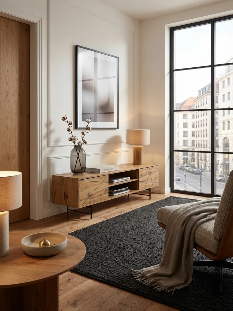 Lowboard Eiche-Dekor Modern Stil 160 cm Breit mit Linienmuster